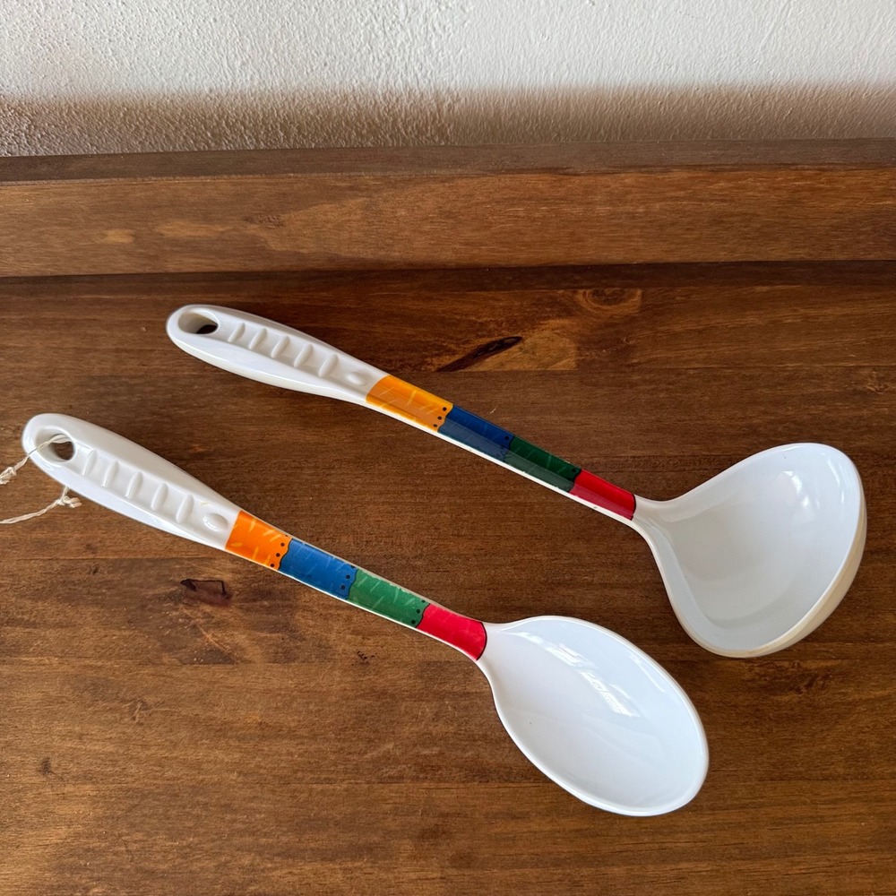 2pc Vintage Style Melamine Ladle Serving Spoon Set Rainbow Color Block White